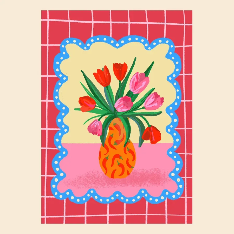 Artistieke wenskaart illustratie: rode en roze tulpen in oranje vaas met pepers, op rood geruit - TanteTrendy