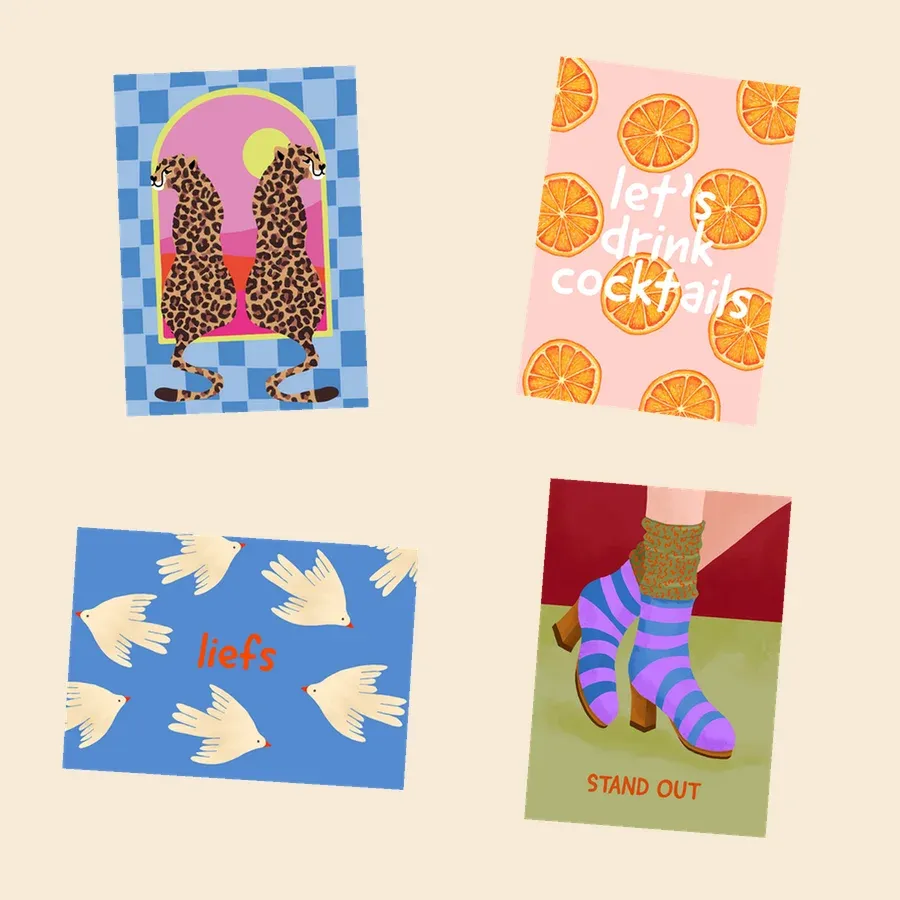 Artistieke wenskaarten illustratie set: cheeta's op blauw/roze, sinaasappels, witte duiven, paarse sokken - TanteTrendy
