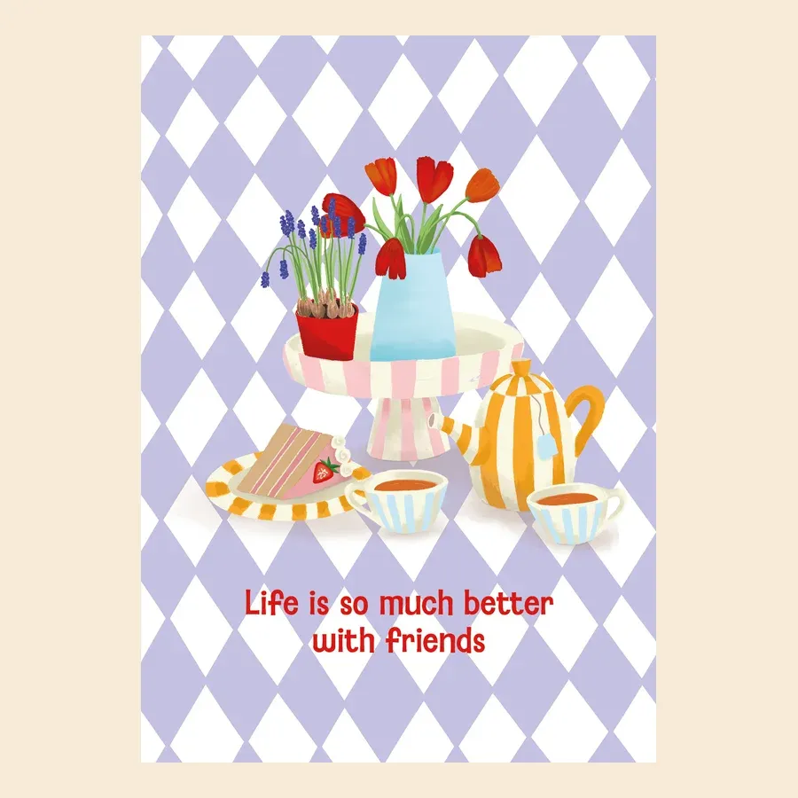 Wenskaart met artistieke illustratie van theetafel met rood-oranje tulpen, thee en taart op paars-wit - TanteTrendy