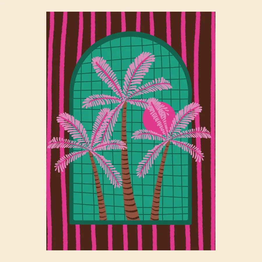 Tropische wenskaart met roze palmbomen en zon, groene boog en roze-bruine strepen, artistieke illustratie - TanteTrendy