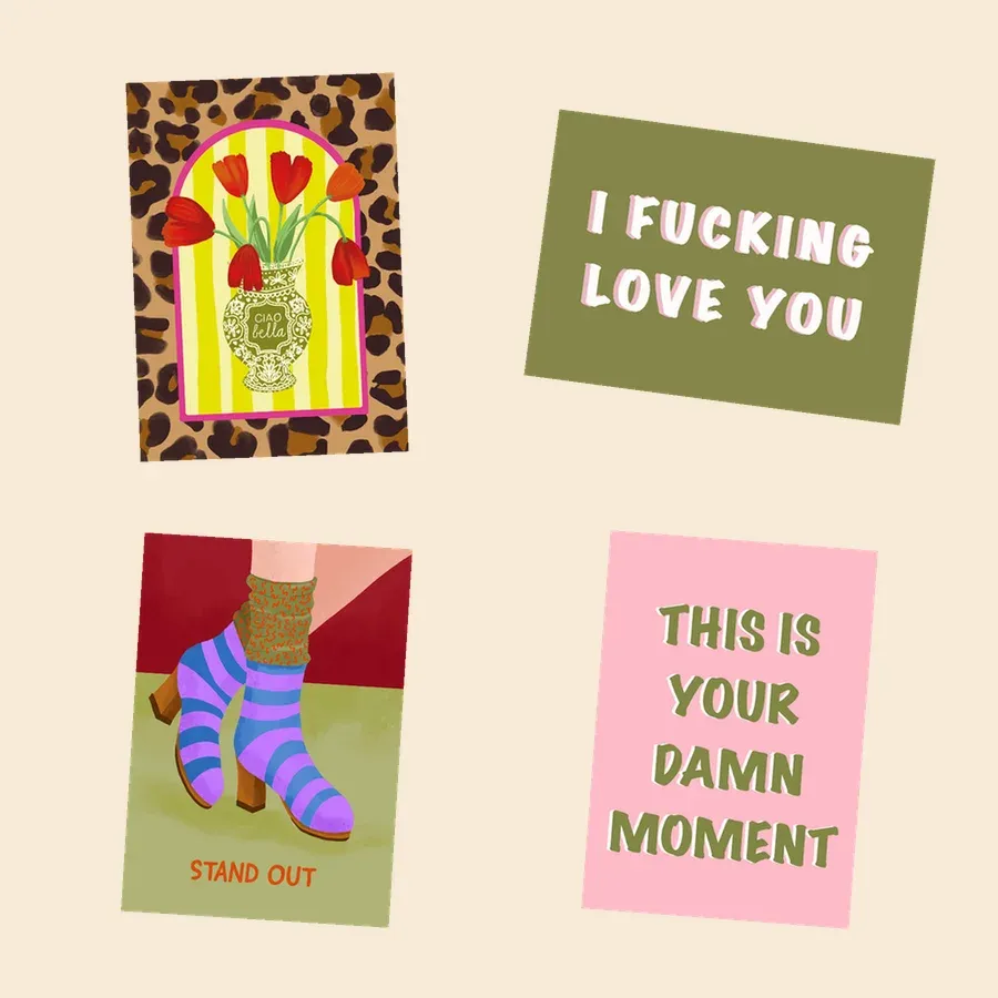 Artistieke wenskaart, luipaardprint met rode tulpen. Illustratie 'I FUCKING LOVE YOU', gestreepte sokken en - TanteTrendy