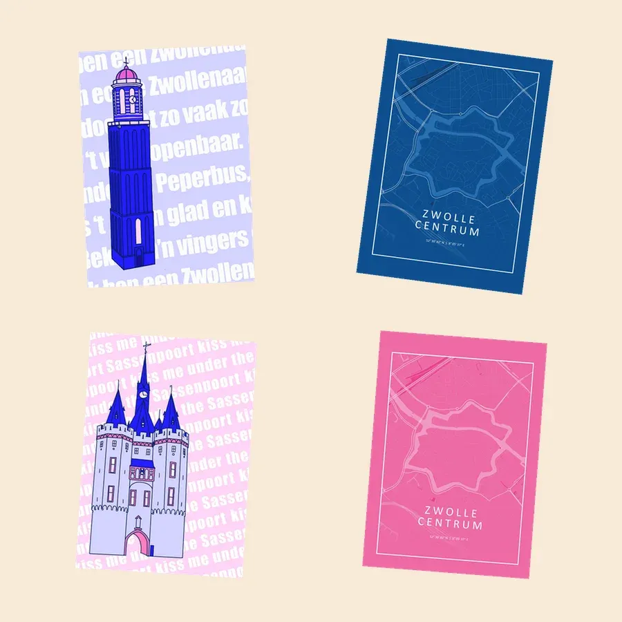 Wenskaarten stedenprint: blauwe Peperbus illustratie, roze Sassenpoort illustratie, blauw/roze Zwolle Centrum - TanteTrendy