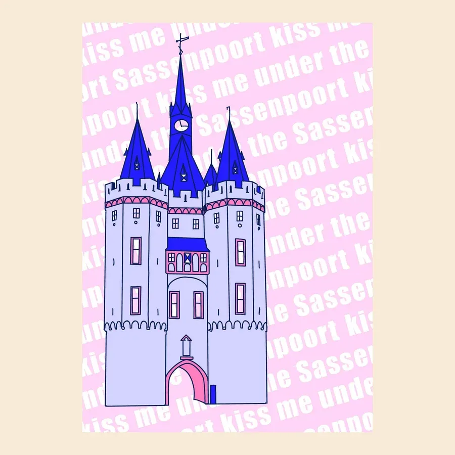 Stedenprint: artistieke illustratie van de Sassenpoort in Zwolle in roze, blauw en wit, wenskaart - TanteTrendy