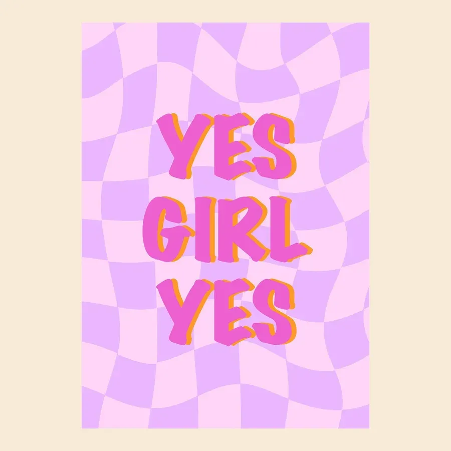 Wenskaart, golvend paars en lila dambordpatroon, neonroze letters met oranje schaduw: 'YES GIRL YES', trendy, - TanteTrendy