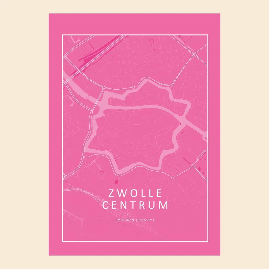 Artistieke Zwolle Centrum stedenprint wenskaart in felroze en wit, minimalistische illustratie, modern design - TanteTrendy